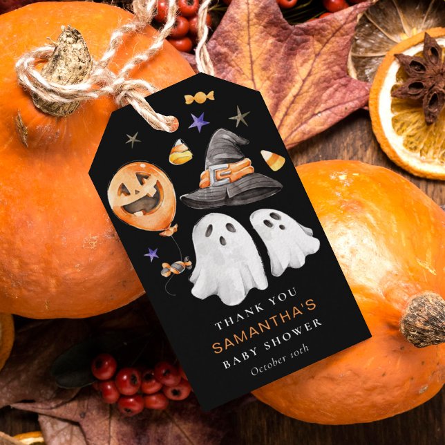 Étiquettes-cadeau Halloween Baby shower Merci noir (Little boo Halloween baby shower thank you favor tag featuring watercolor ghosts and candy corn.)