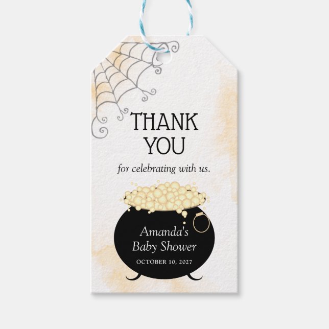 Étiquettes-cadeau Halloween Baby shower Neutre Sorcière brasser Merc (Devant)