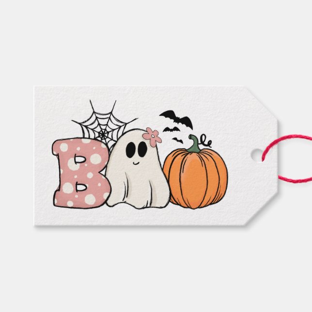 Étiquettes-cadeau Halloween Boo Ghost Citrouille Bats Cobweb (Devant (Horizontal))