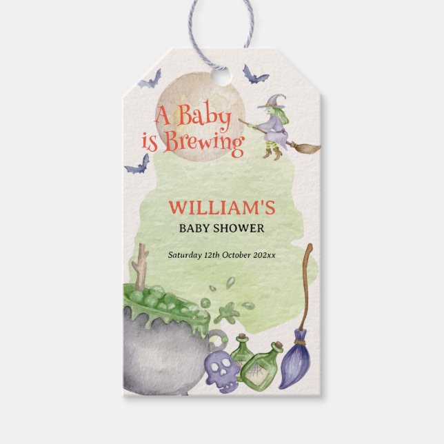 Étiquettes-cadeau Halloween Cauldron Baby brasse une douche (Devant)