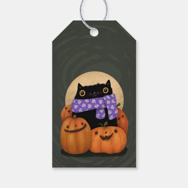 Étiquettes-cadeau Halloween Chat Noir Saison Automne Heureux Hallowe (Devant)