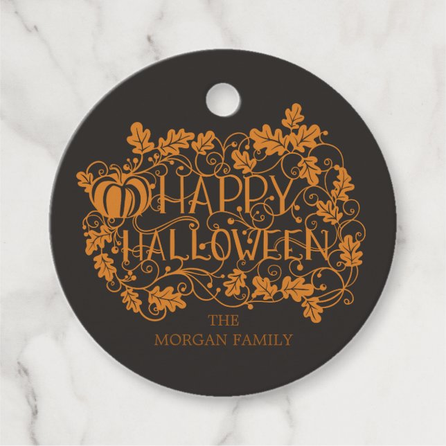 Étiquettes Cadeau Halloween citrouille et vigne heureux (Devant)