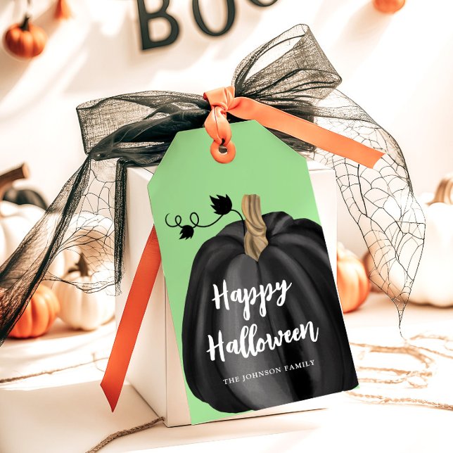 Étiquettes-cadeau Halloween Citrouille noir élégant (Cute Green Script Pumpkin Happy Halloween Gift Tags)