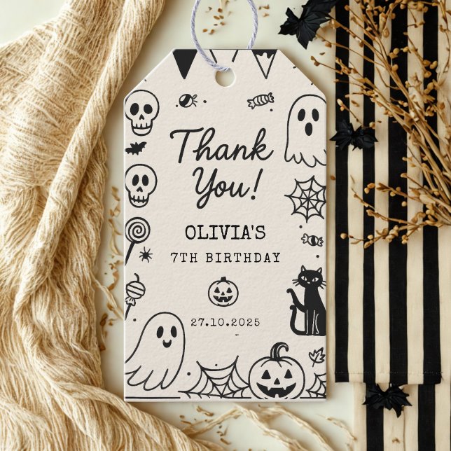 Étiquettes-cadeau Halloween Ghost & Skeleton Merci d'anniversaire (Créateur téléchargé)