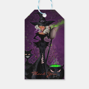 Étiquettes-cadeau Halloween Glam sorcière en noir vert violet Favori