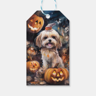Étiquettes-cadeau Halloween Lhassa Apso Avec Peur Citrouille