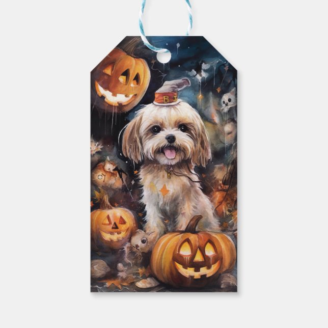 Étiquettes-cadeau Halloween Lhassa Apso Avec Peur Citrouille (Dos)