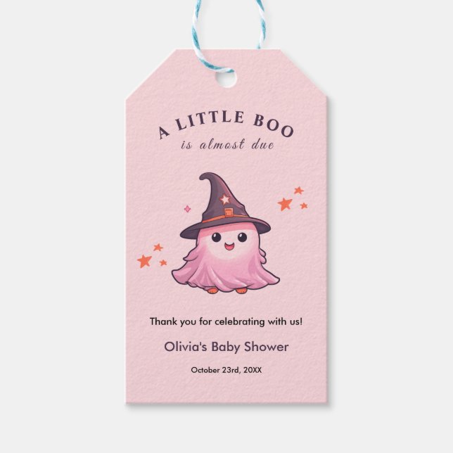 Étiquettes-cadeau Halloween rose Un Petit Baby shower Boo (Devant)