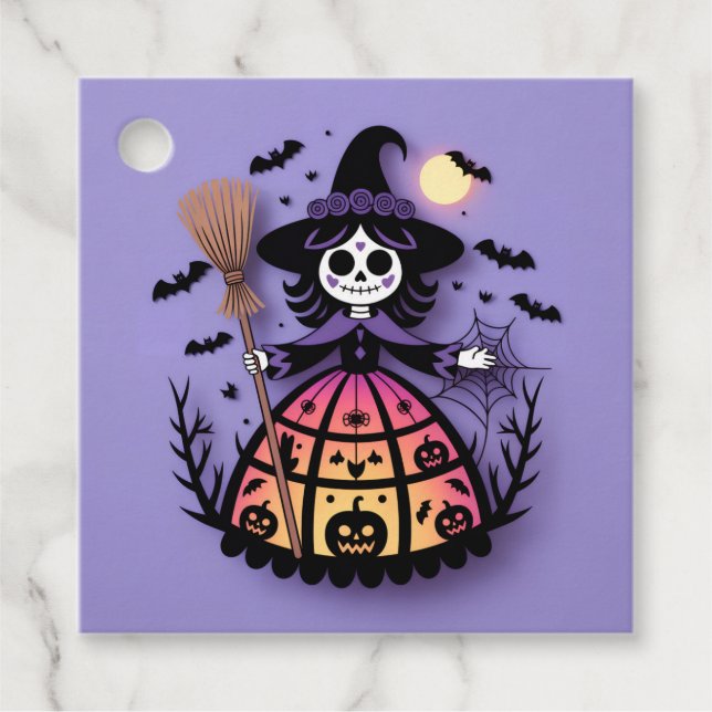 Étiquettes Cadeau Halloween Skeleton Witch (Devant)