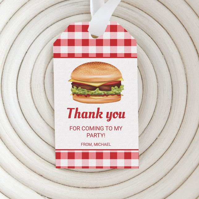 Étiquettes-cadeau Hamburger Sur Rouge En vichy Anniversaire Merci (Créateur téléchargé)