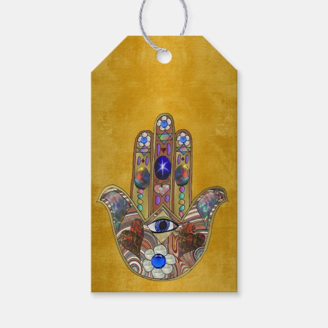 Étiquettes-cadeau Hamsa Cœurs Fleurs Opale Art sur Or (Devant)