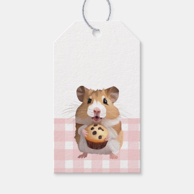Étiquettes-cadeau Hamster mignon Avec Muffin Rose En vichy Check (Devant)