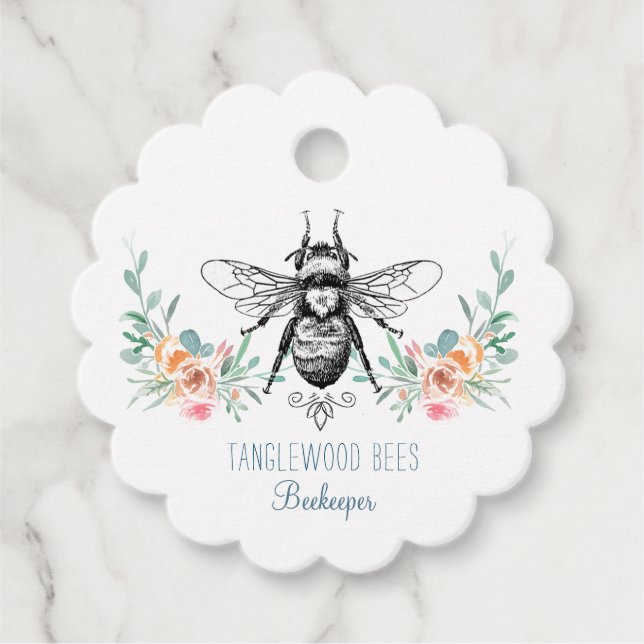 Étiquettes Cadeau Hand Draey Bee Beekeeper Apiary Floral Prix (Devant)
