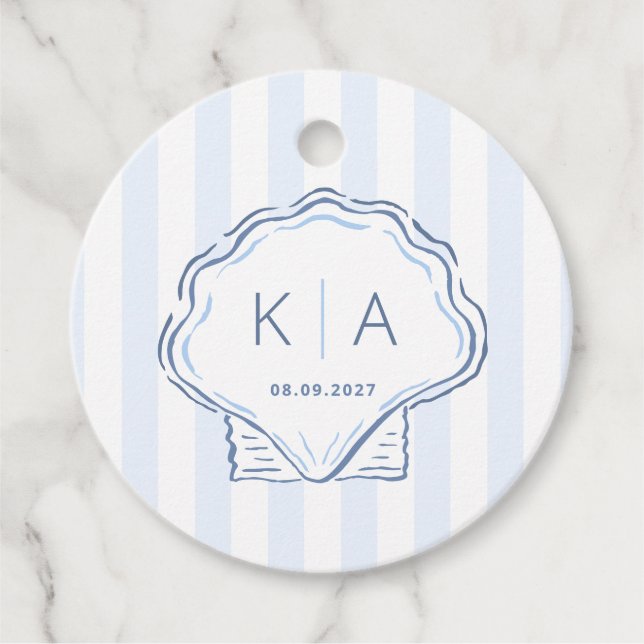 Étiquettes Cadeau Hand-Drawn Blue And White Shell Monogram Wedding (Devant)