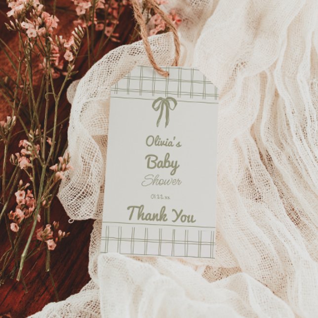 Étiquettes-cadeau Hand Drawn Green Bow Gingham Neutral Baby Shower (Créateur téléchargé)