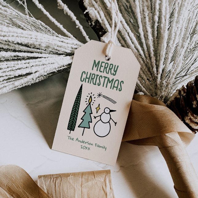 Étiquettes-cadeau Hand Drawn Painted Green Christmas Trees Snowman (Créateur téléchargé)