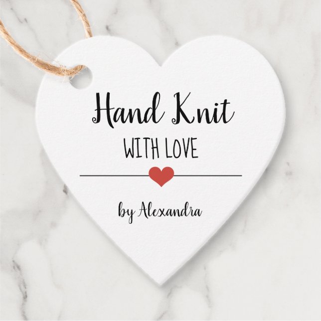 Étiquettes Cadeau Hand Knit avec amour nom de script blanc (Devant)