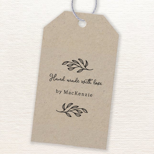 Étiquettes-cadeau Hand Made With Love Brown Paper Botanical Leaf  (Hand Made with Love custom name botanical leaf line art small business maker price or product tag)