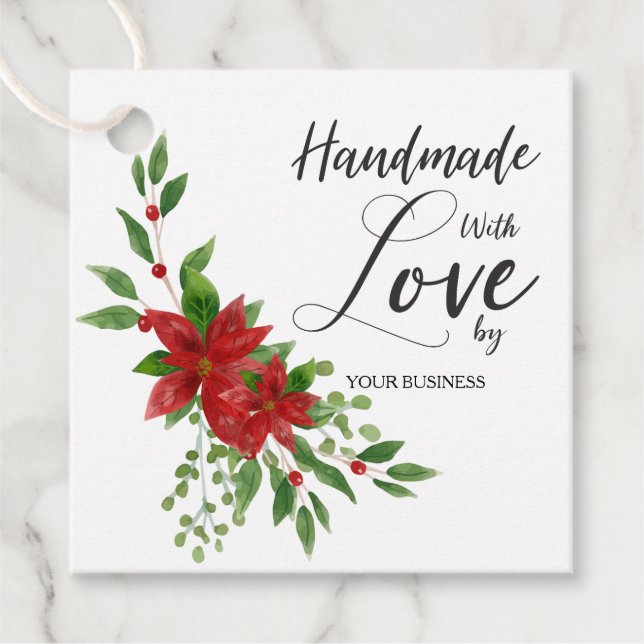 Étiquettes Cadeau Handmade with Love Quote with Poinsettias (Devant)