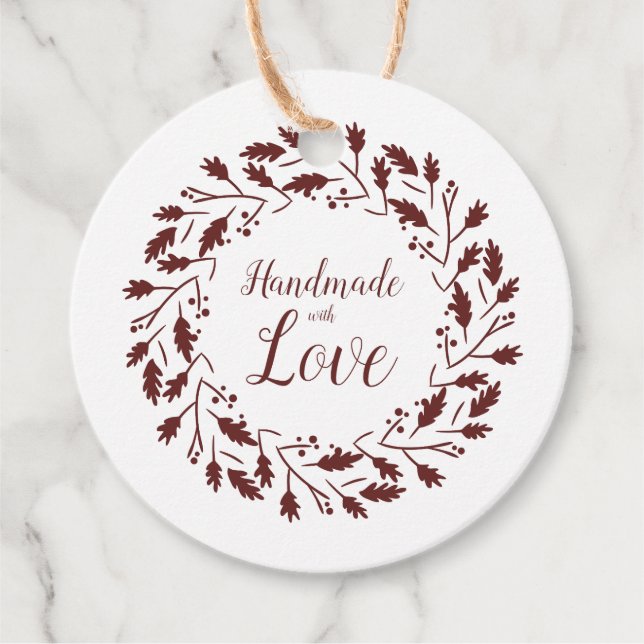 Étiquettes Cadeau Handmade With Love Wreath Quote In Brown (Devant)
