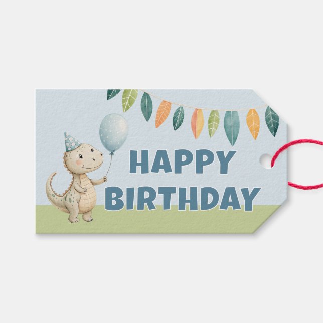 Étiquettes-cadeau HandPainted Birthday Dinos Gift Tag (Devant (Horizontal))