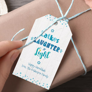 Étiquettes-cadeau Hanoukka Latkes rires typographie de lumière rusti