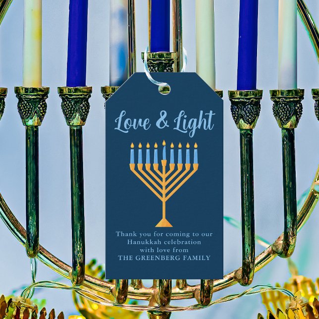 Étiquettes-cadeau Hanoukka Love & Light Custom Menorah Blue Party (Créateur téléchargé)