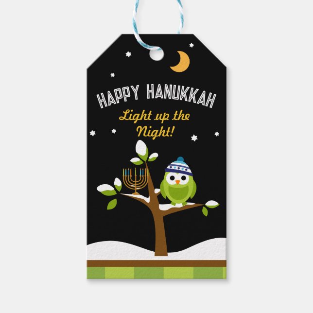 Étiquettes-cadeau Happpy Hanoukka Owl & Menorah Allumez la nuit (Devant)