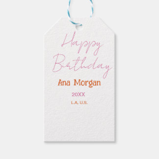 ÉTIQUETTES-CADEAU HAPPY BIRTHDAY PINK ORANGE NAME SIMPLE YEAR PLACE 