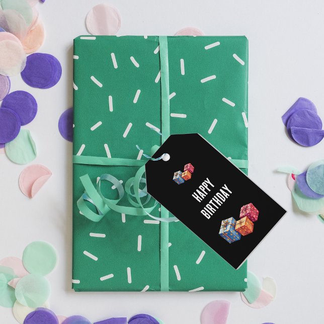 Étiquettes-cadeau  Happy Birthday text and gift boxes images black  (Créateur téléchargé)