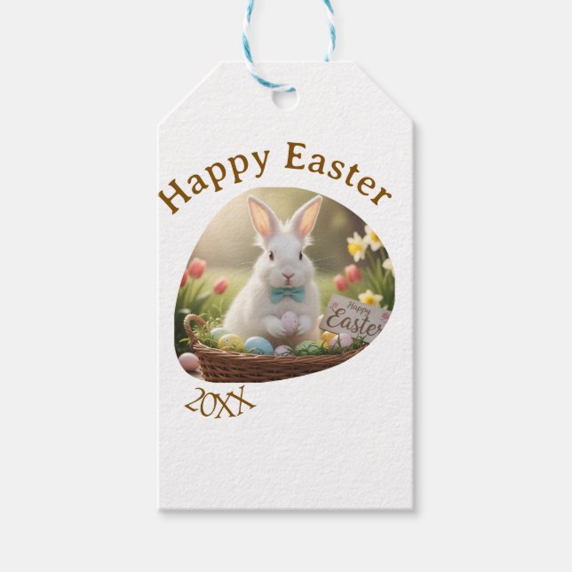 Étiquettes-cadeau Happy Easter white bunny year photo family name  (Devant)