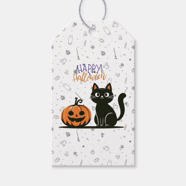 Étiquettes-cadeau Happy Halloween chat et citrouille (Devant)