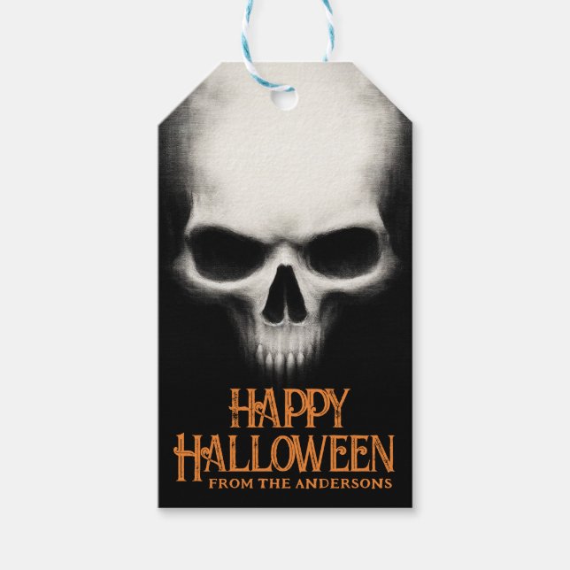 Étiquettes-cadeau Happy Halloween déplaisant crâne fantôme noir oran (Devant)