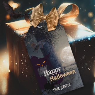 Étiquettes-cadeau Happy Halloween Éffrayant Chat noir