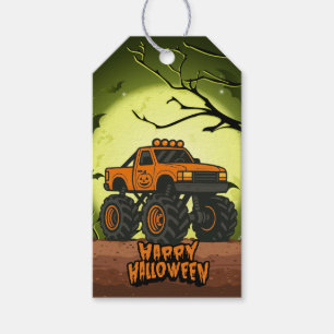 Étiquettes-cadeau Happy Halloween Monster Truck avec chauves-souris