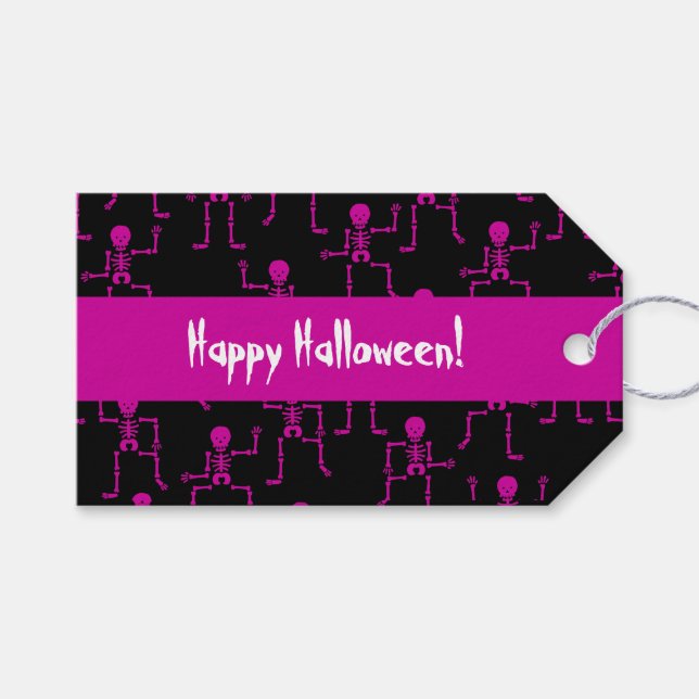 Étiquettes-cadeau Happy Halloween Pink Dancing Skeleton Motif (Devant (Horizontal))
