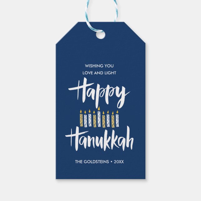 Étiquettes-cadeau Happy Hanoukka Candles Bleu vacances sur mesure (Devant)