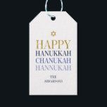 Étiquettes-cadeau Happy Hanoukka Chanukah Holiday Tags cadeaux<br><div class="desc">La conception simulée de feuille d'or Faux est incorporée dans cette conception. Personnalisez le texte personnalisé ci-dessus. Vous pouvez trouver d'autres éléments de coordination dans notre collection "Happy Hanoukka Chanukah".</div>