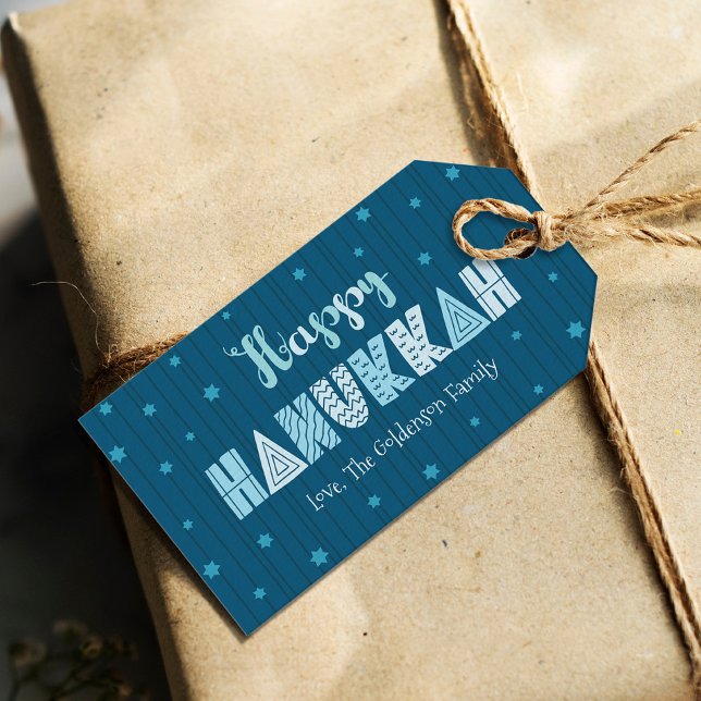 Étiquettes-cadeau Happy Hanoukka moderne Whimsical Typographie Turqu (Créateur téléchargé)