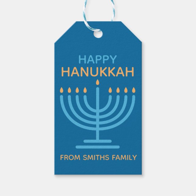 Étiquettes-cadeau Happy Hanukkah Minimalist Blue Family Photo (Devant)