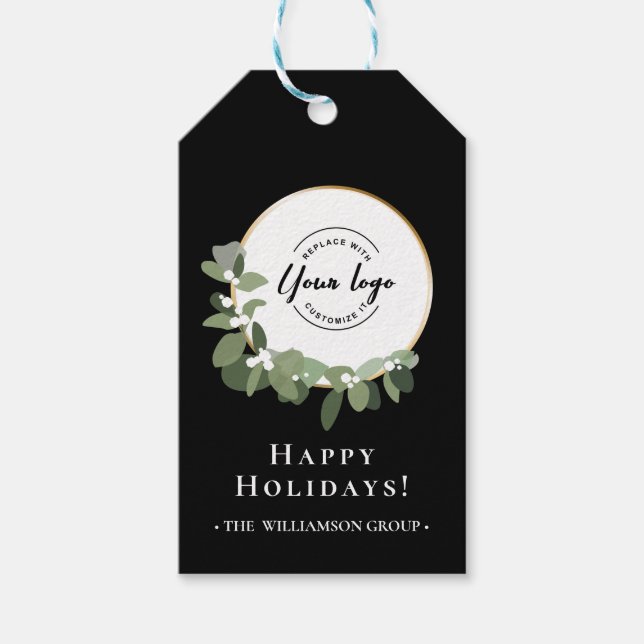 Étiquettes-cadeau Happy Holidays Modern Wreath Custom Logo d'entrepr (Devant)