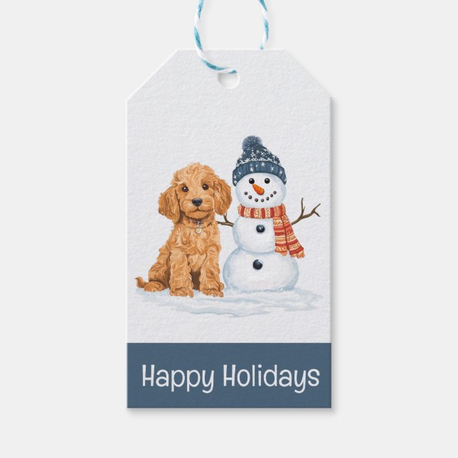 Étiquettes-cadeau Happy Holidays Winter Goldendoodle Dog Snowman (Devant)