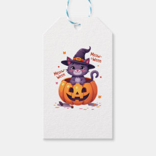 Étiquettes-cadeau Happy Meow-a-ween - Joli Citrouille de sorcière de