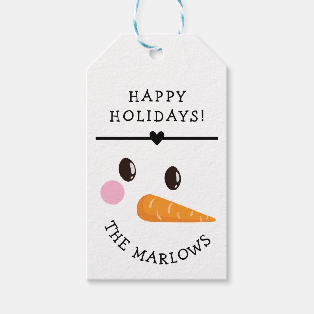 Étiquettes-cadeau Happy Snowman Face Nom de vacances personnalisé (Devant)