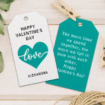 Étiquettes-cadeau Happy Valentine's day sea green simple heart love<br><div class="desc">A stylish and modern Valentine's day gift tag featuring a cute romantic white heart decorated with the word "love" over a plain Persian green background. Easily customizable by adding your own text and name on the front, and your personal greeting message on the reverse of the tag. Heart and text...</div>