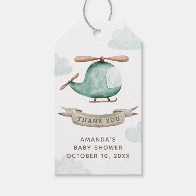 Étiquettes-cadeau Hélicoptère aquarelle | Garçon Baby shower Merci (Devant)