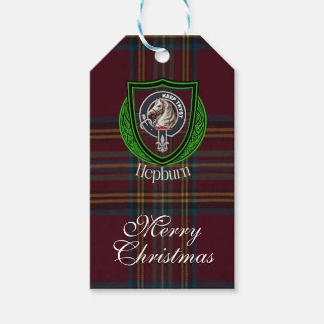 Étiquettes-cadeau Hepburn Scottish Clan Tartan & Crest (Devant)