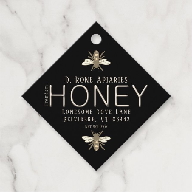 Étiquettes Cadeau Heraldic Bee Black Honey avec texte en or métalliq (Devant)
