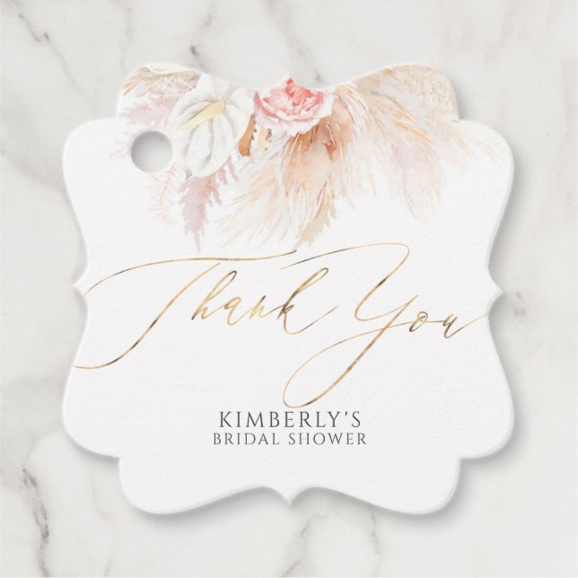 Étiquettes Cadeau Herbe des Pampas et Fleurs Roses Merci (Devant)