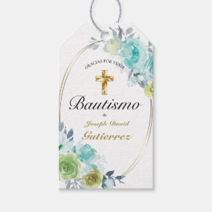 ÉTIQUETTES-CADEAU HERMOSO BAUTIZO BEBÉ CRUZADO DE ORO FLORAL AZUL